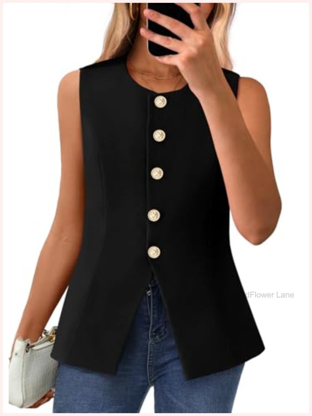 Sleeveless Blazer Vest Top Button Down Round Neck Slim Fit Hip Length